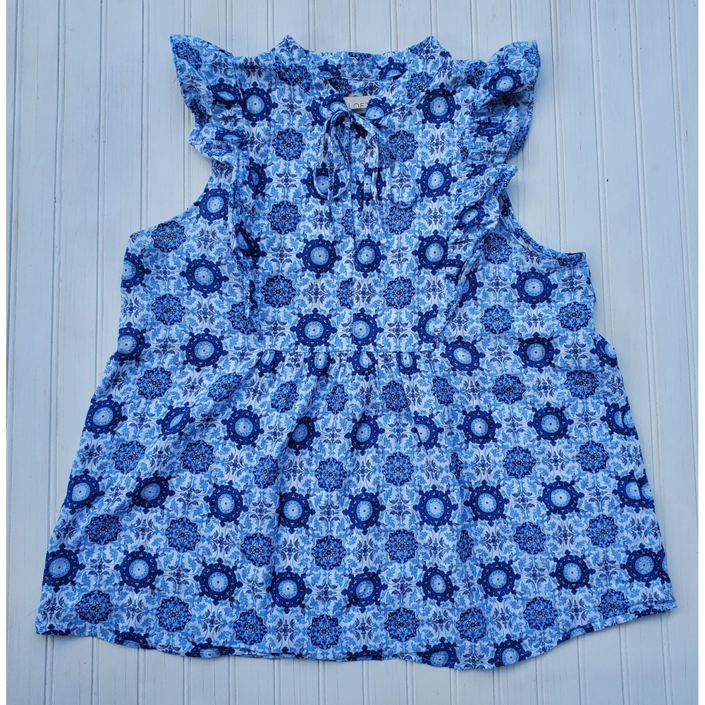 LOFT Blue White Medallion Tile Print Ruffle Tie Neck Sleeveless Cotton Top Small